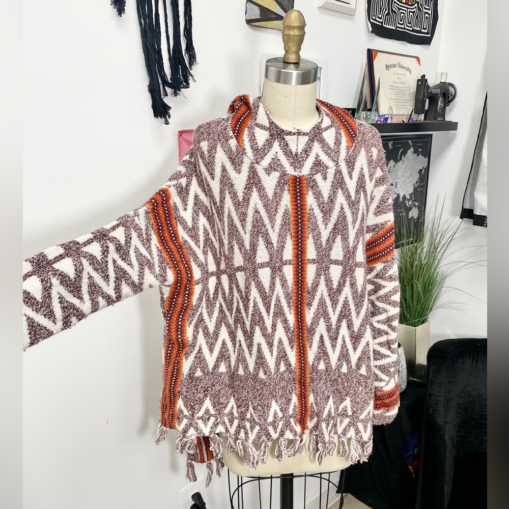 Tribal print orange brown and cream knit hooded sweater with fringe